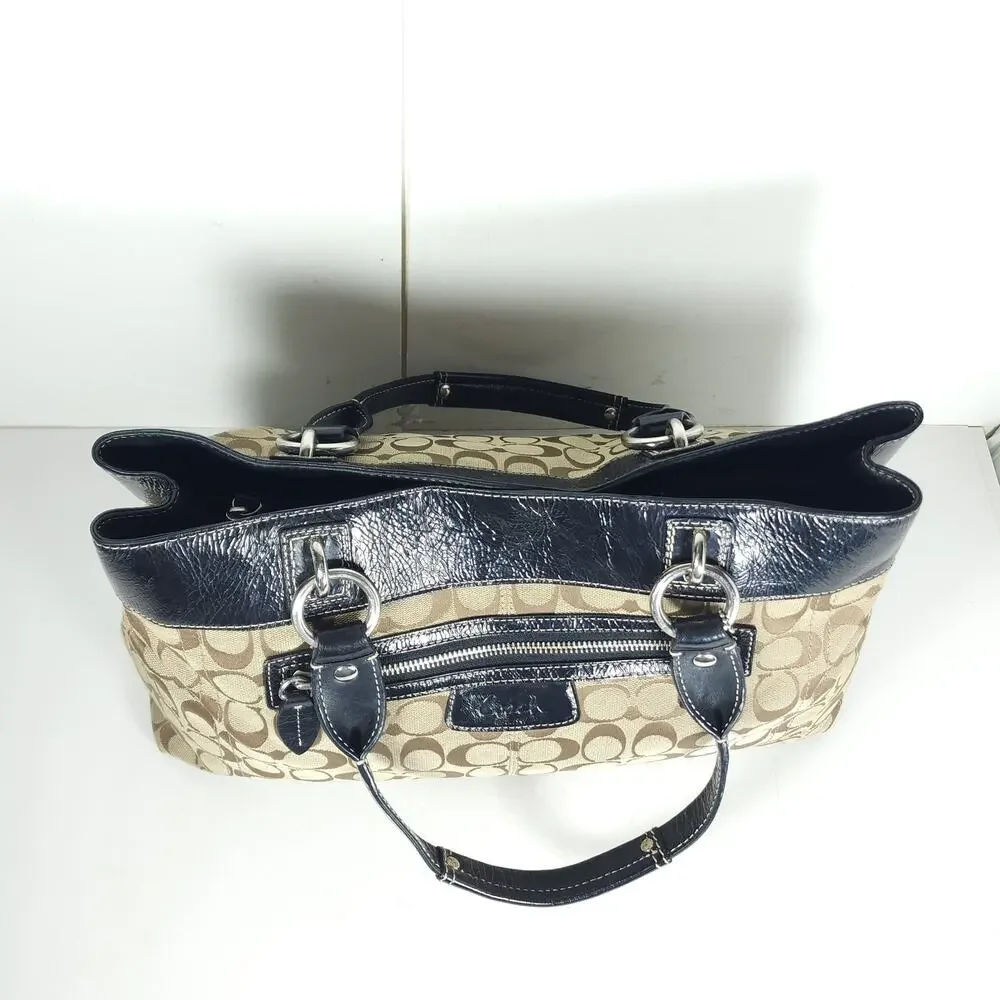 Coach Penelope Signature Large Brown Canvas Leather Satchel Handbag Bag